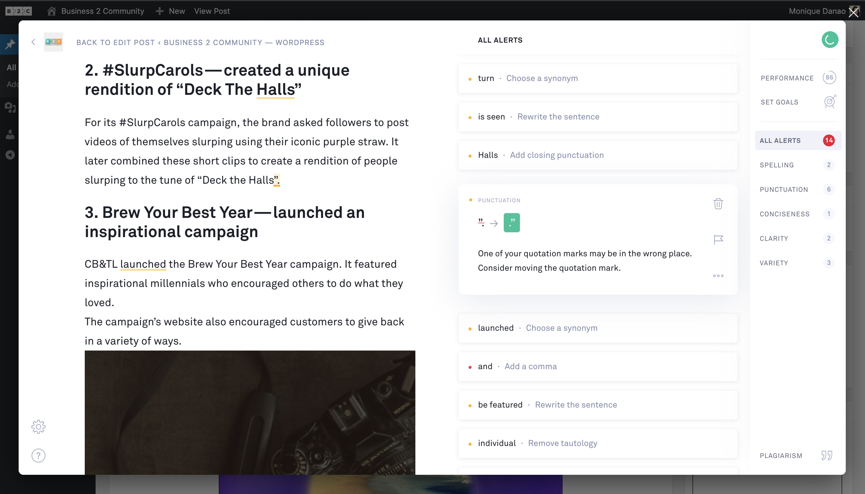 A screenshot of Grammarly within WordPress